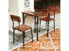 美式实木餐桌椅组合 小吃店餐桌长方形饭桌复古方桌铁艺餐桌实木