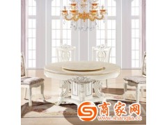 大理石餐桌椅组合欧式家用饭桌定制实木雕花象牙白圆桌一桌六椅